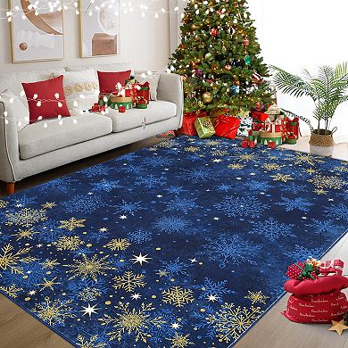 Christmas Snowflake Area Rug Non Slip Entryway Washable Living Room Carpet Low Pile Mat for Indoor