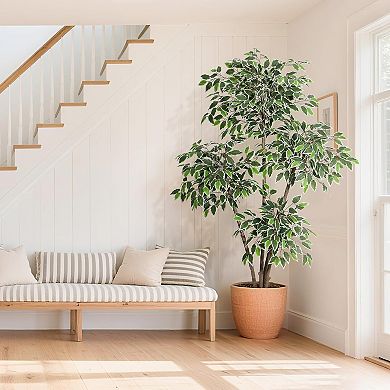 Tall Faux Ficus Tree with White Planter, 3 Natural Trunks & White-Edged Leaves, Floor Plant Decor