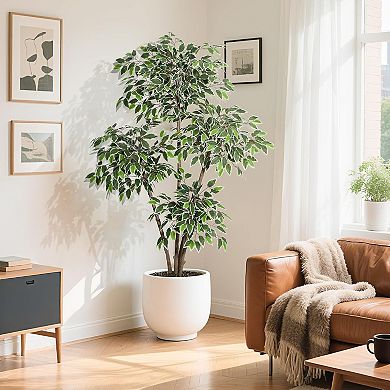 Tall Faux Ficus Tree with White Planter, 3 Natural Trunks & White-Edged Leaves, Floor Plant Decor