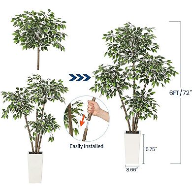 Tall Faux Ficus Tree with White Planter, 3 Natural Trunks & White-Edged Leaves, Floor Plant Decor