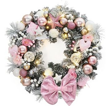 Fancihabor 24 in Christmas Wreath Pre-Lit LED Warm White Bow Pink for Front Door Indoor Outdoor