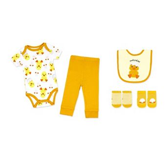 Baby Boys and Baby Girls Recently Hatched 5 pc Bodysuit, Pants, Bib, and Socks Set