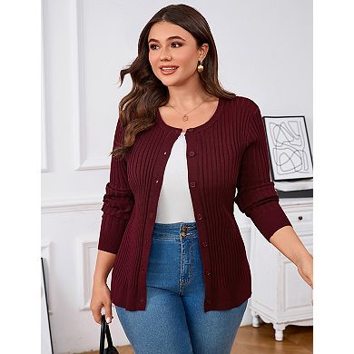 Women's Plus Size Open Front Knit Sweater Long Sleeve Cardigan Jacke Round Neck Button Up Coat