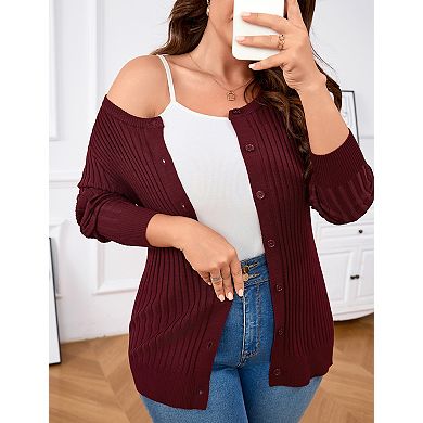 Women's Plus Size Open Front Knit Sweater Long Sleeve Cardigan Jacke Round Neck Button Up Coat