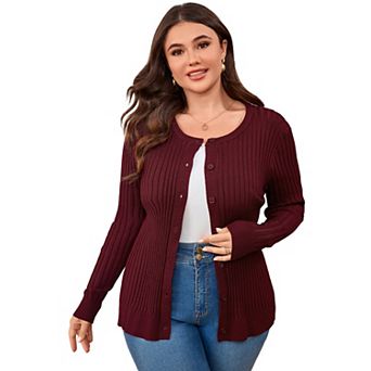 Women's Plus Size Open Front Knit Sweater Long Sleeve Cardigan Jacke Round Neck Button Up Coat