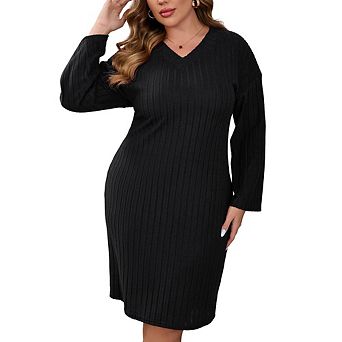 Plus Size Ribbed Knit Dress V-Neck Slip Long Dress with Dropped Shoulder Casual Sweater Dress