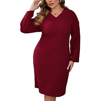 Plus Size Ribbed Knit Dress V-Neck Slip Long Dress with Dropped Shoulder Casual Sweater Dress