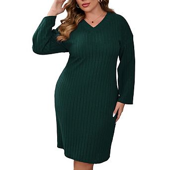 Plus Size Ribbed Knit Dress V-Neck Slip Long Dress with Dropped Shoulder Casual Sweater Dress
