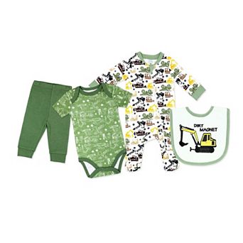 Baby Boys Dirt Magnet Construction 4 pc Bodysuit, Pants, Footed Sleeper, and Bib Set