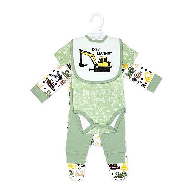 Baby Boys Dirt Magnet Construction 4 Piece Bodysuit, Pants, Footed Sleeper, and Bib Set