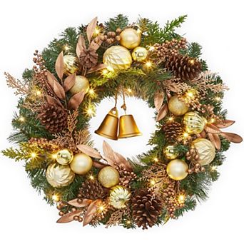 Pre-Lit Battery-Operated Christmas Wreath with Pine Cones, Berries, Balls & Bells for Front Door