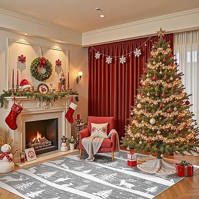 Christmas Rug with Tree & Reindeer Pattern, Non-Slip Low Pile Washable Mat for Kitchen Entryway