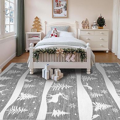 Christmas Rug with Tree & Reindeer Pattern, Non-Slip Low Pile Washable Mat for Kitchen Entryway