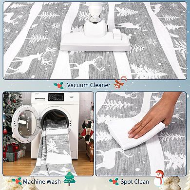 Christmas Rug with Tree & Reindeer Pattern, Non-Slip Low Pile Washable Mat for Kitchen Entryway