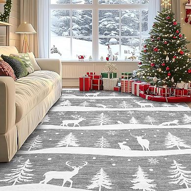 Christmas Rug with Tree & Reindeer Pattern, Non-Slip Low Pile Washable Mat for Kitchen Entryway