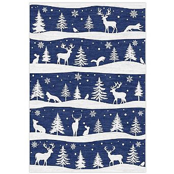 Christmas Rug with Tree & Reindeer Pattern, Non-Slip Low Pile Washable Mat for Kitchen Entryway