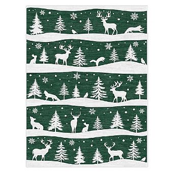 Christmas Rug with Tree & Reindeer Pattern, Non-Slip Low Pile Washable Mat for Kitchen Entryway