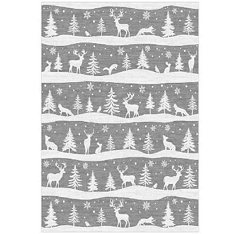 Christmas Rug with Tree & Reindeer Pattern, Non-Slip Low Pile Washable Mat for Kitchen Entryway