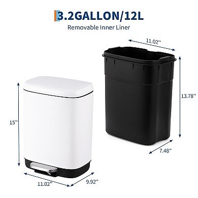3.2 Gallon Stainless Steel Step-On Trash Can with Soft-Close Lid and Removable Inner Bucket​