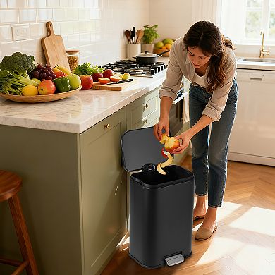8 Gallon Black Stainless Steel Step-On Trash Can with Soft-Close Lid and Removable Bucket​