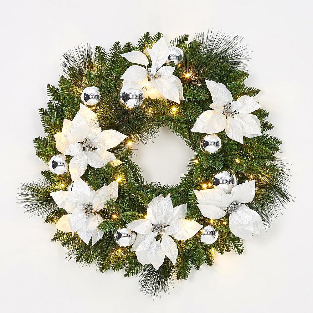 Pre-Lit Christmas Wreath with Flower Cypress Leaves & Balls