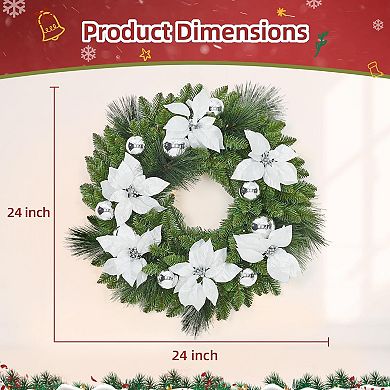 Pre-Lit Christmas Wreath with Flower Cypress Leaves & Balls, Lighted Decor for Door and Window