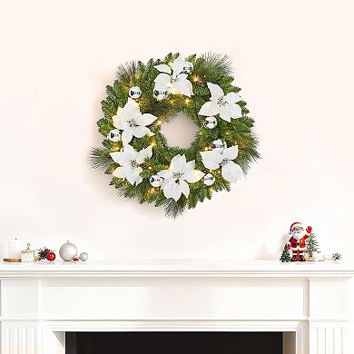 Pre-Lit Christmas Wreath with Flower Cypress Leaves & Balls, Lighted Decor for Door and Window