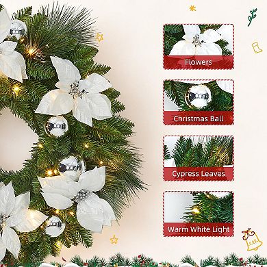 Pre-Lit Christmas Wreath with Flower Cypress Leaves & Balls, Lighted Decor for Door and Window