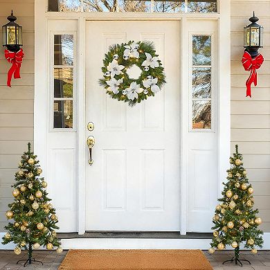 Pre-Lit Christmas Wreath with Flower Cypress Leaves & Balls, Lighted Decor for Door and Window