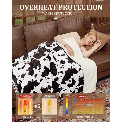 Heated Electric Blanket with Controller, Cow Print Heating Blankets, ETL Certified Heated Blanket
