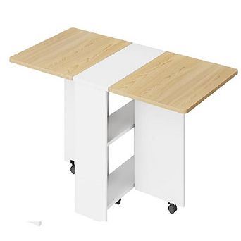 Table for 2 to 6 People, Folding Table with 2 Shelves, Compact Wooden Kitchen Table, White and Oak