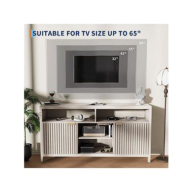 Fluted TV Stand, TV Console Table Entertainment Center Modern Wood TV Consoles With Adjustable Shel