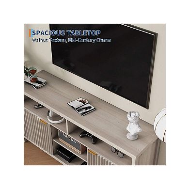 Fluted TV Stand, TV Console Table Entertainment Center Modern Wood TV Consoles With Adjustable Shel