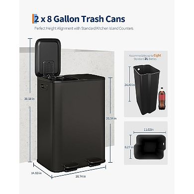 30L Stainless Steel Double Trash Can with Lid for Kitchen Waste and Recycling​