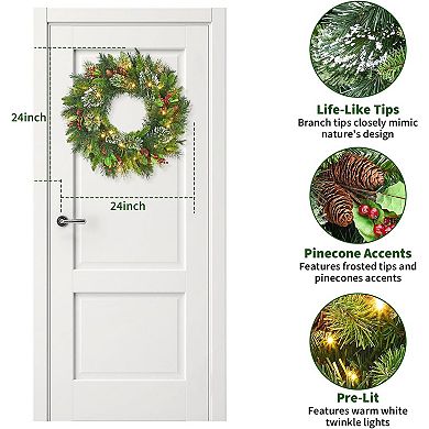 Prelit Christmas Wreath with Pine Cones Flowers Cypress Leaves and Baubles for Door or Window Decor