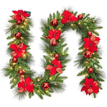 Prelit Christmas Wreath with Pine Cones Flowers Cypress Leaves and Baubles for Door or Window Decor