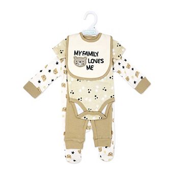 Baby Boys and Baby Girls My Family Loves Me 4 pc Bodysuit, Pants, Sleeper, and Bib Set