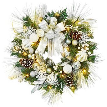 Prelit Battery-Operated Christmas Wreath with Timer & Silver LED Lights for Outdoor Front Door