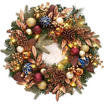 Sparkling Christmas Wreath with Balls and Pine Cones for IndoorOutdoor Wall, Mantel and Window Decor