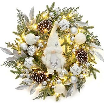 Pre-Lit Artificial Christmas Wreath with Gnomes & Silver Glitter Ornaments for Door and Mantel