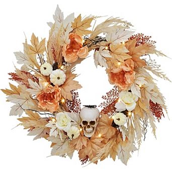 Prelit Pumpkin & Maple Leaf Christmas Wreath Multi-Seasonal Decor with Lights for Indoor Outdoor Use
