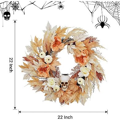 Prelit Pumpkin & Maple Leaf Christmas Wreath Multi-Seasonal Decor with Lights for Indoor Outdoor Use