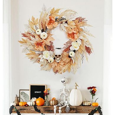 Prelit Pumpkin & Maple Leaf Christmas Wreath Multi-Seasonal Decor with Lights for Indoor Outdoor Use