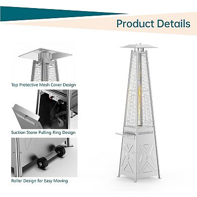 IDEALHOUSE 48000 BTU Pyramid Patio Heater with Wheels, 15ft Heat, Silver