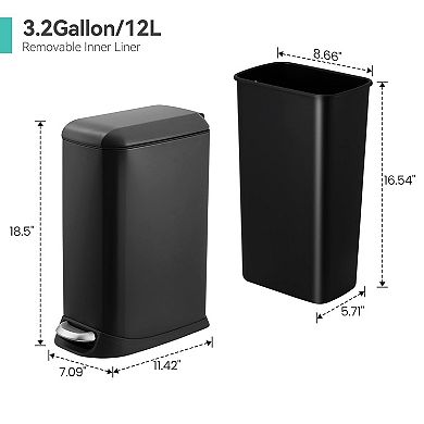 3.2 Gallon Stainless Steel Trash Can with Lid and Soft-Close Step Pedal​