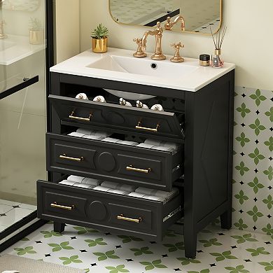 Freestanding Vanity With Ceramic Sink Combo and 3 Drawers, Solid Wood Frame