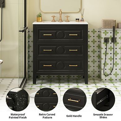 Freestanding Vanity With Ceramic Sink Combo and 3 Drawers, Solid Wood Frame