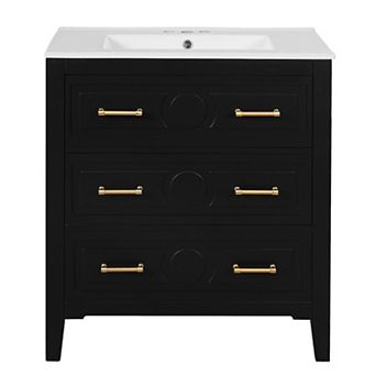 Freestanding Vanity With Ceramic Sink Combo and 3 Drawers, Solid Wood Frame