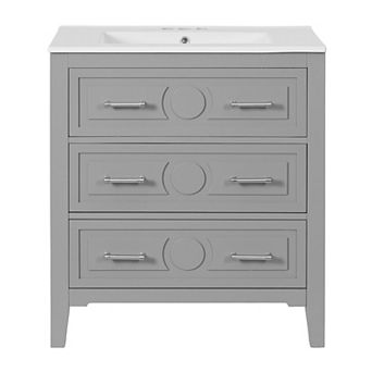Freestanding Vanity With Ceramic Sink Combo and 3 Drawers, Solid Wood Frame