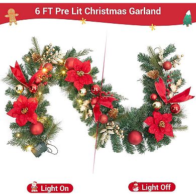 6FT Pre-Lit Christmas Garland,Battery Operated Garland with 20 Lights Flowers Ball Ornaments Berries